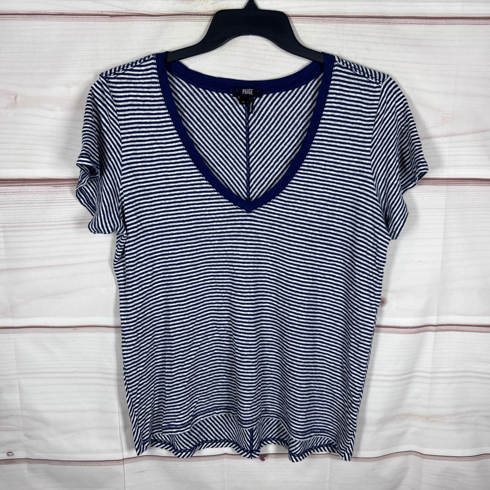 Paige T-Shirt Womens XL Blue White Striped V-Neck 100% Linen Short Sleeve Top